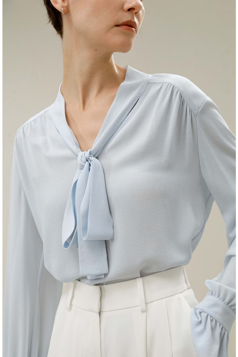 Silk V-neck Ribbon Blouse, Alternate, color, Illusion blue