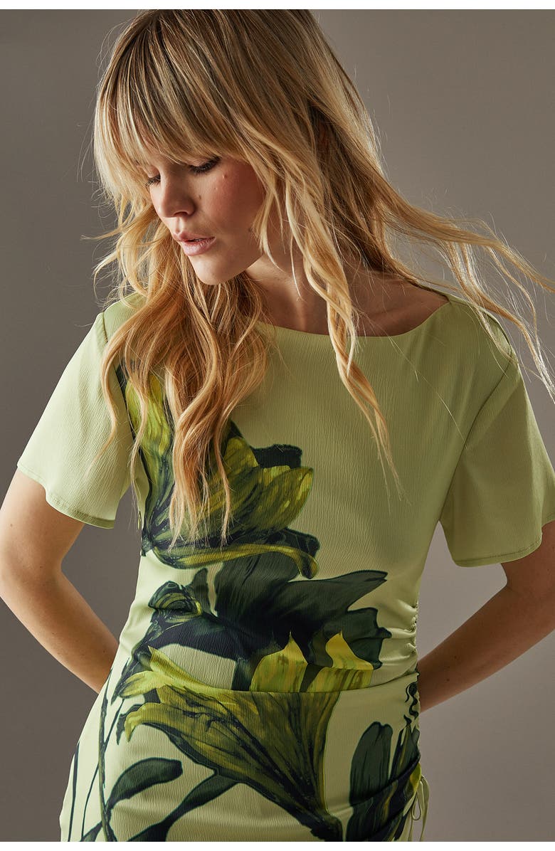 Warehouse Placement Print Crinkle Midi Satin Dress, Alternate, color, Lime Yellow