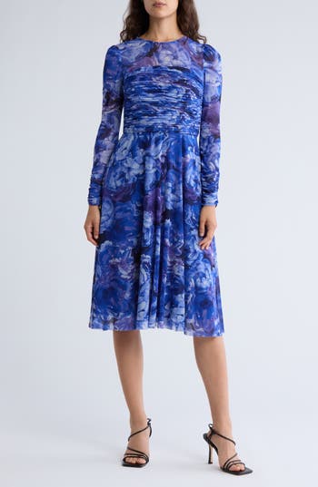 Eliza J Shirred Long Sleeve Dress In Blue
