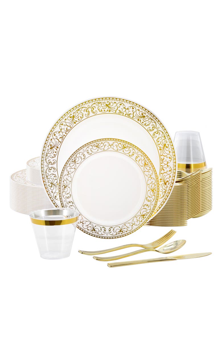 Elama 150 Piece Disposable Plastic Dinnerware Party Set for 25 Guests, Main, color, Gold