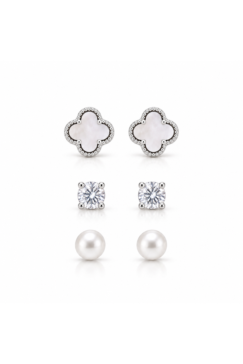 Set Of 3 Sterling Silver Clover Crystal & Pearl Earrings, Main, color, Silver