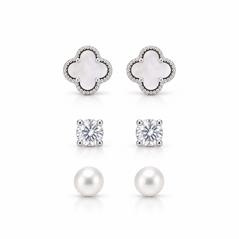 Set Of 3 Sterling Silver Clover Crystal & Pearl Earrings