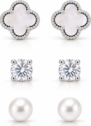 Donatello Gian Set Of 3 Sterling Silver Clover Crystal & Pearl Earrings