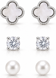 Donatello Gian Set Of 3 Sterling Silver Clover Crystal & Pearl Earrings