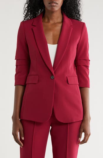 Dkny Ruched Sleeve One Button Blazer In Burgundy