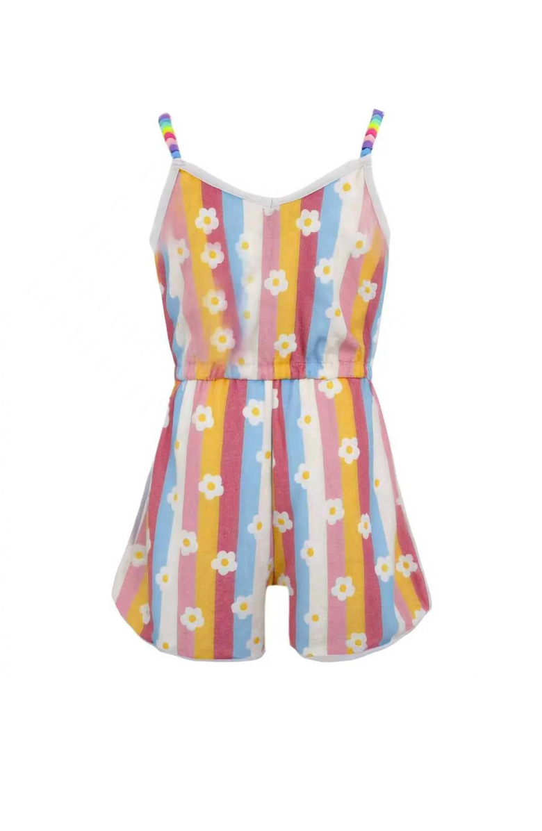 Lola + The Boys Rainbow Daisy Beaded Hearts Romper, Main, color, Pink