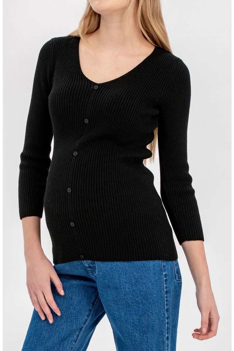 Bella Rib Button Trim V-Neck Maternity Sweater, Alternate, color, BLACK