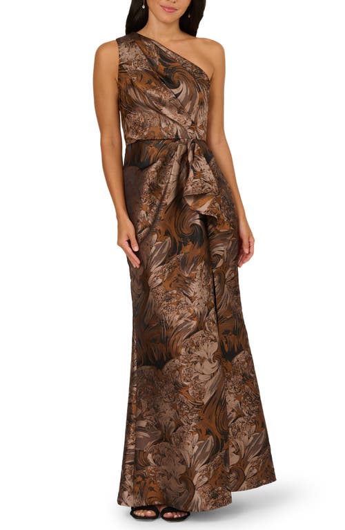 Adrianna Papell One-shoulder Jacquard Gown In Brown