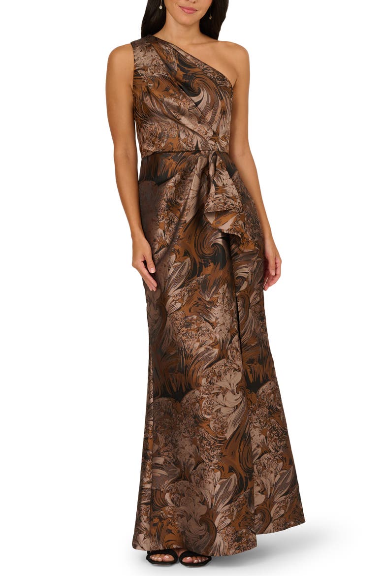 adrianna papell one shoulder jacquard dress Blue One Shoulder Jacquard Mermaid Gown With Drape Detail