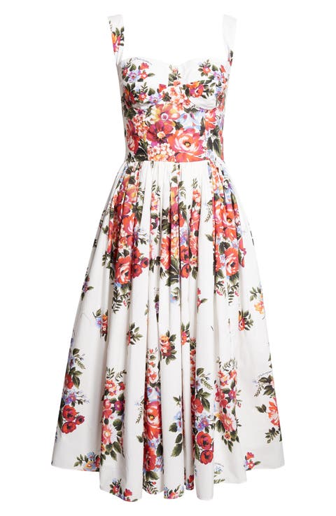 Floral Bouquet Print Pleated Poplin Fit & Flare Dress