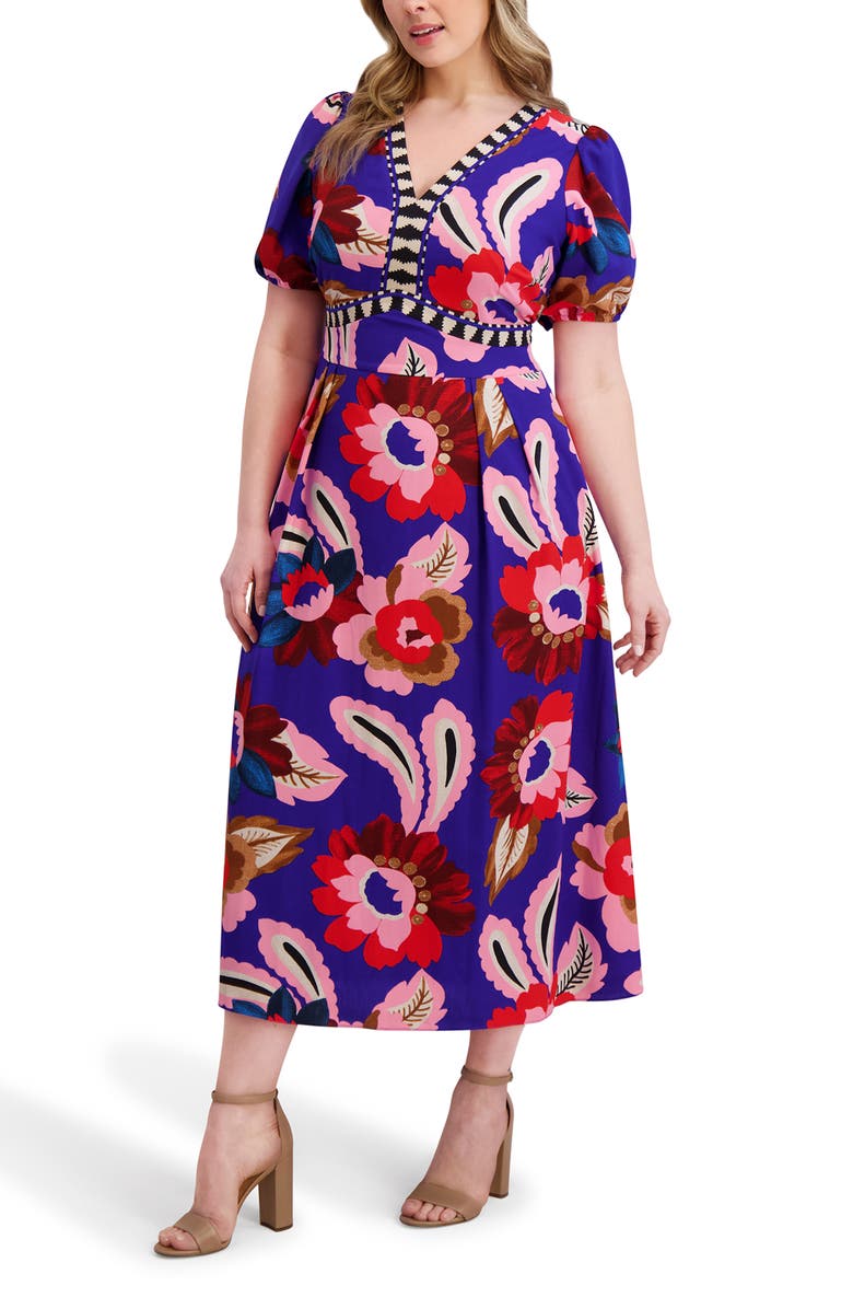 Kensie Printed Woven Maxi Dress, Alternate, color, Cobalt Multi