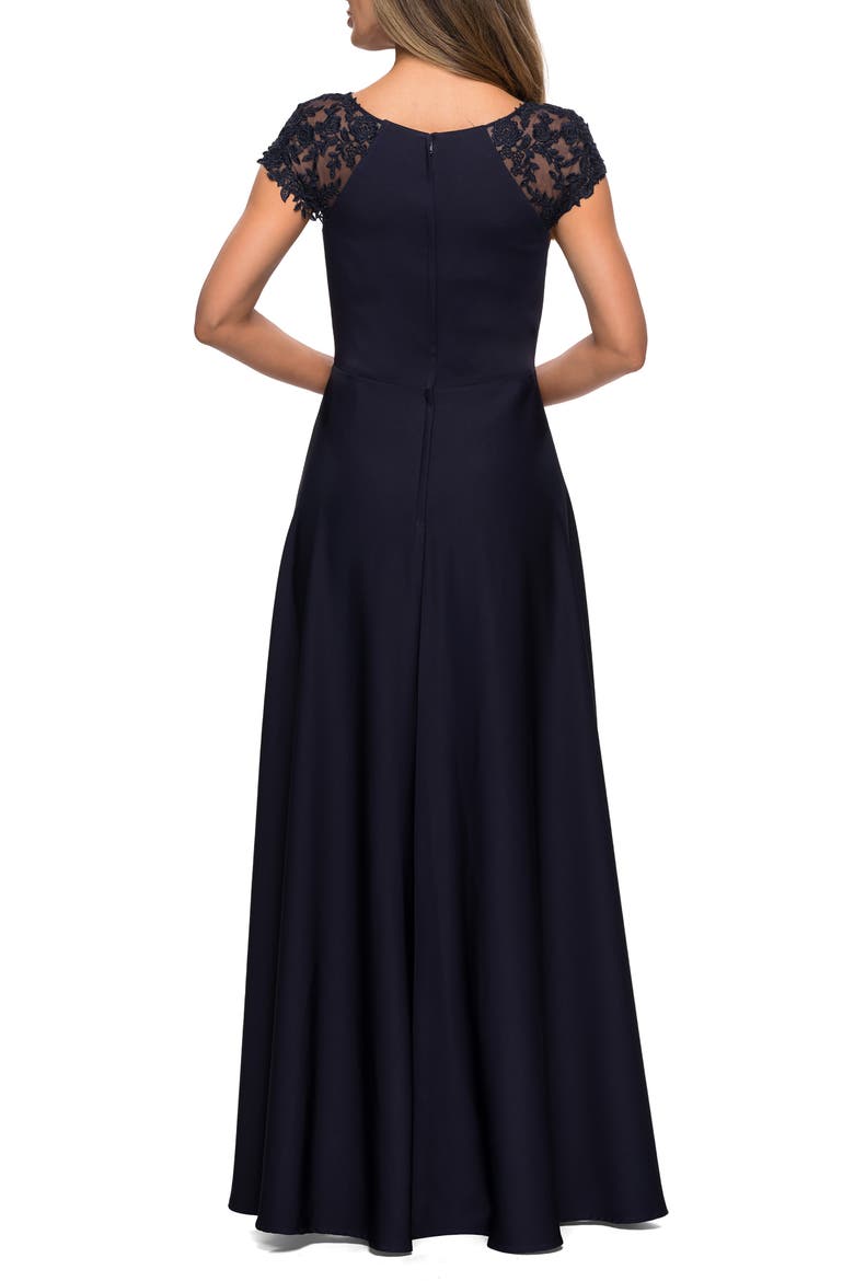 Pleat Cap Sleeve Satin Gown, Alternate, color, NAVY