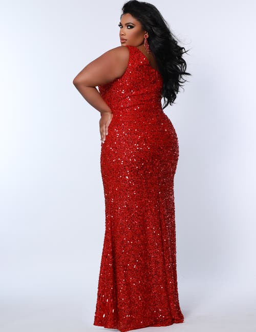 Sydney's Closet One-shoulder Sequin Plus Size Evening Gown In Ruby