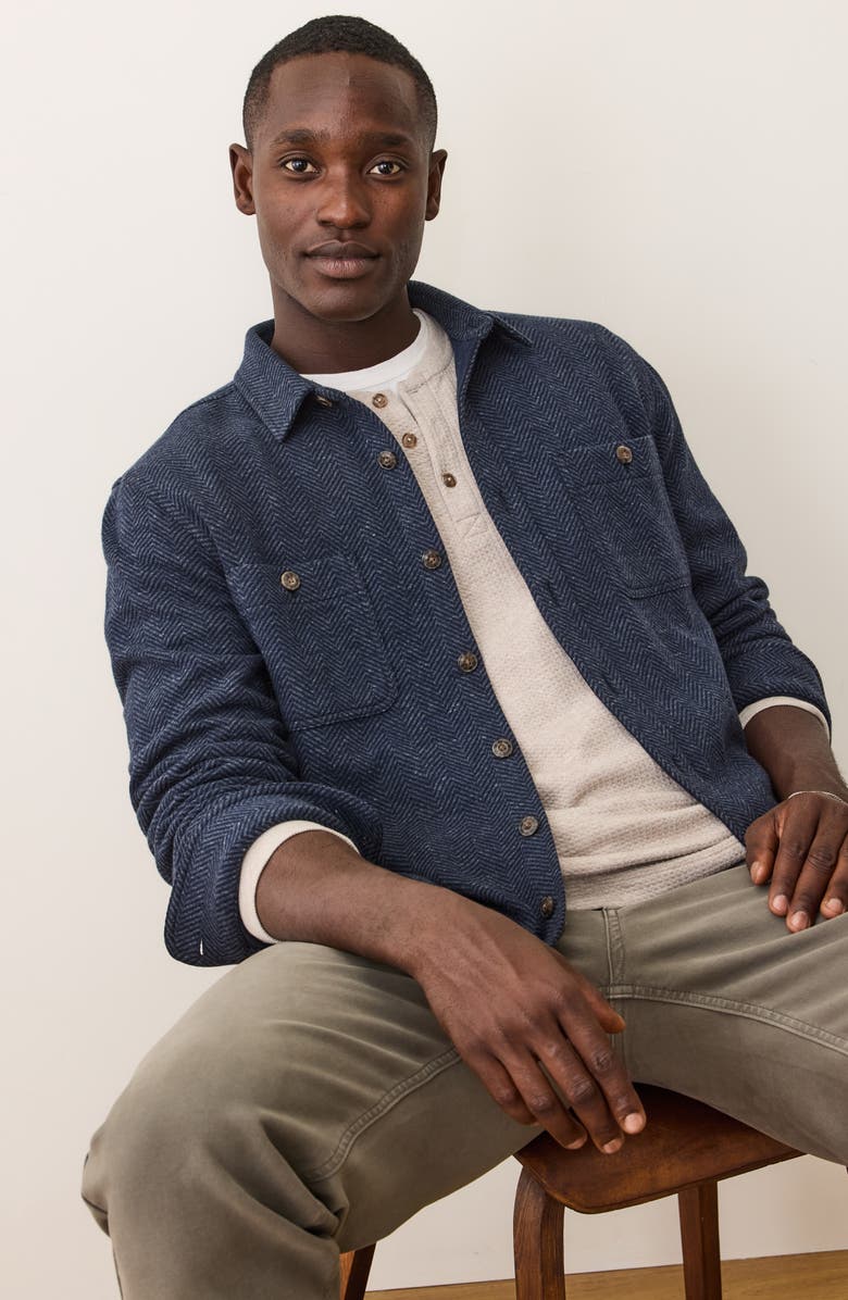 Marine Layer Pacifica Herringbone Stretch Twill Overshirt, Alternate, color, Navy Herringbone