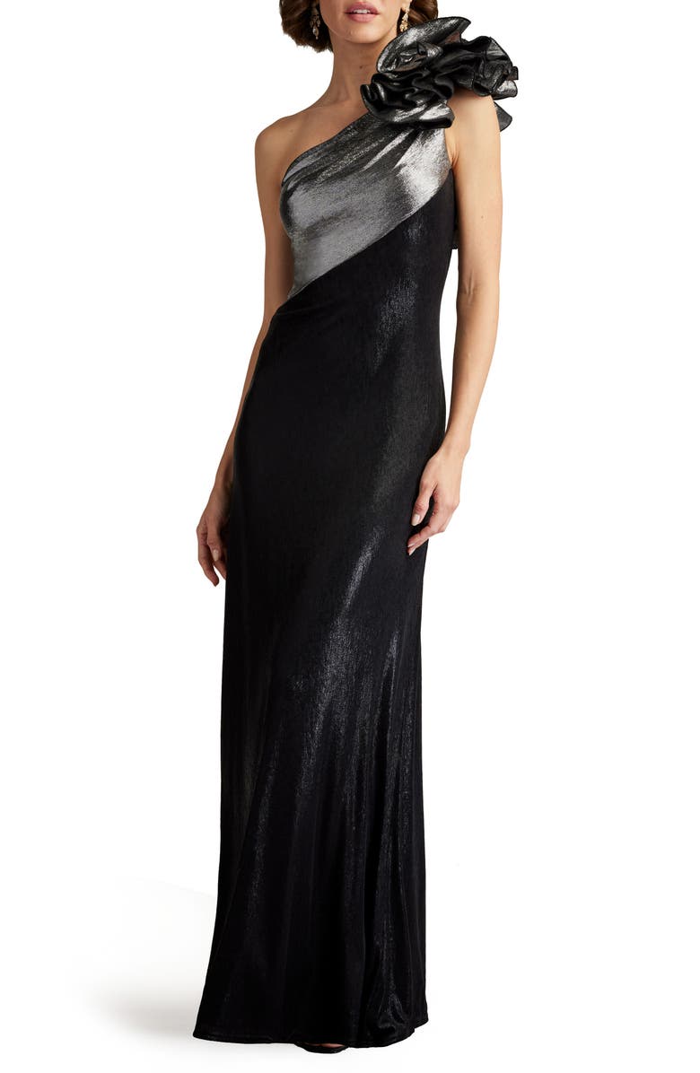 Tadashi Shoji Rosette Detail One-Shoulder Metallic & Satin Gown, Alternate, color, 