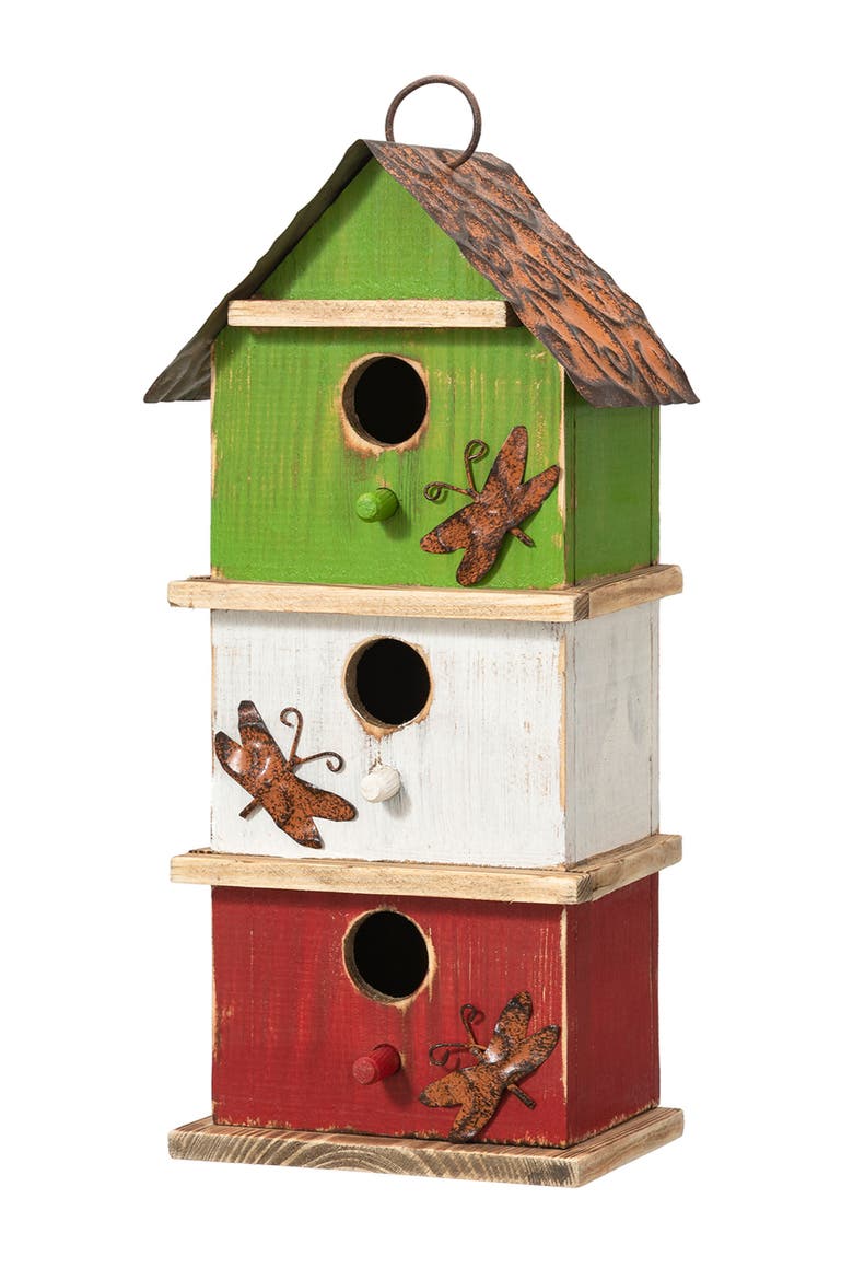 13.75"H Multicolored Three-Tiered Distressed Solid Wood Birdhouse, Main, color, Green