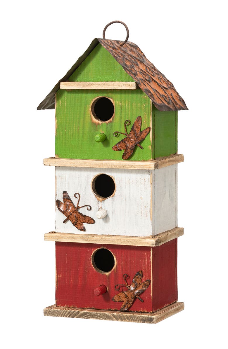 Glitzhome 13.75"H Multicolored Three-Tiered Distressed Solid Wood Birdhouse, Main, color, Green