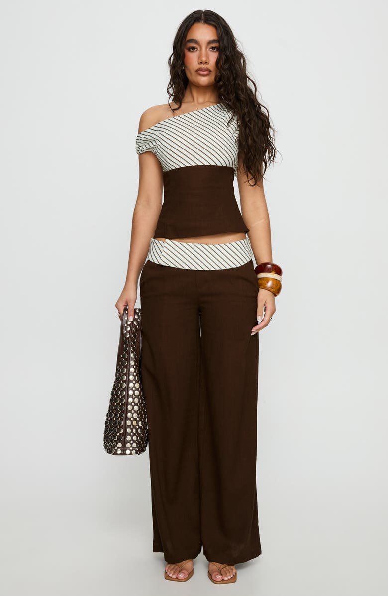 Princess Polly Past Life Foldover Waist Wide Leg Pants, Alternate, color, Brown / Stripe