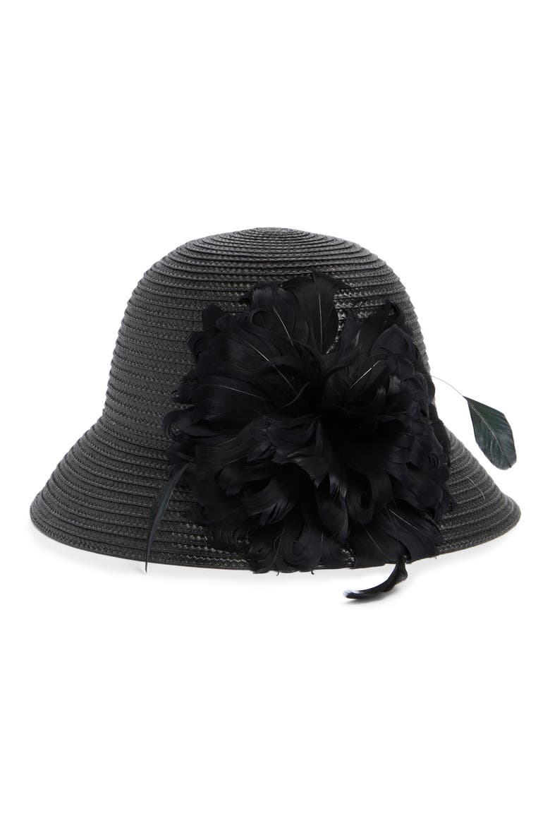 Braid Feather Bow Cloche, Main, color, BLACK