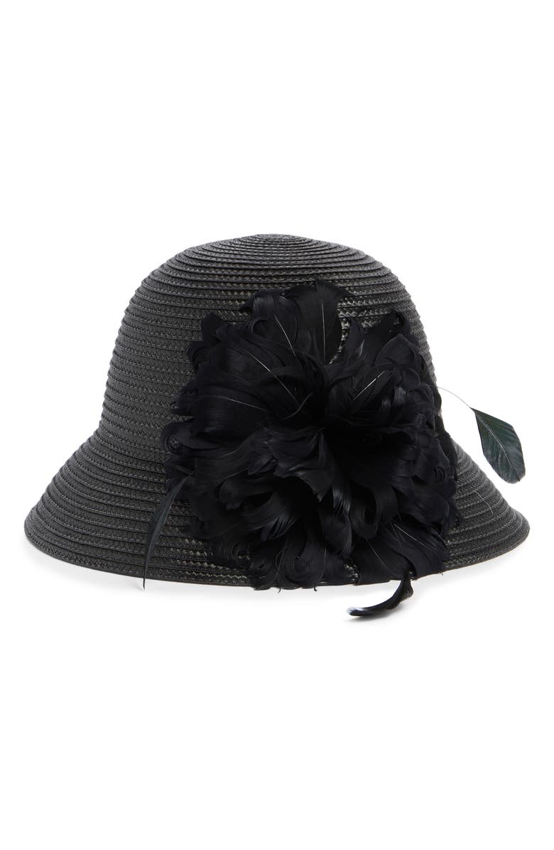 Collection XIIX Braid Feather Bow Cloche, Main, color, Black