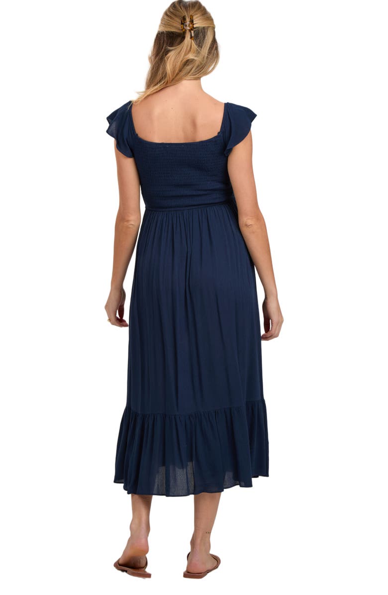 PinkBlush Smocked Ruched Ruffle Hem Maxi Dress, Alternate, color, Navy Blue