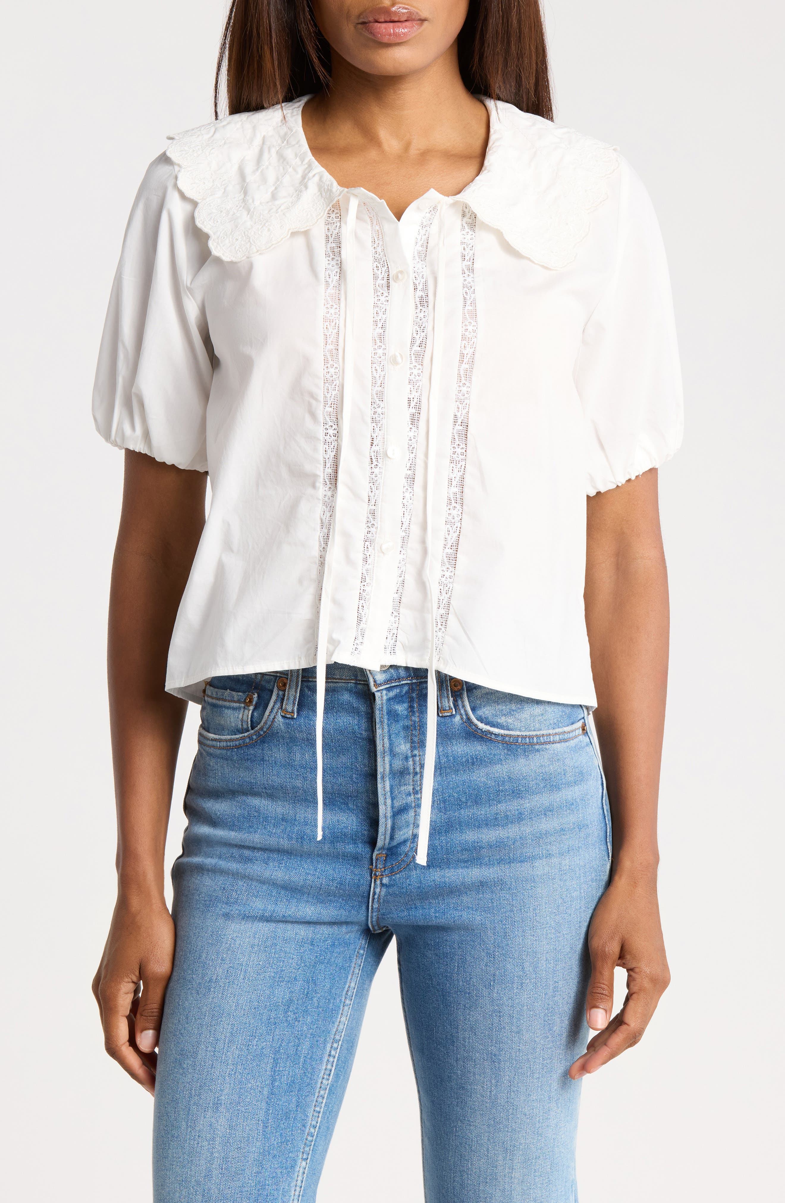 Embroidered Scallop Collar Top