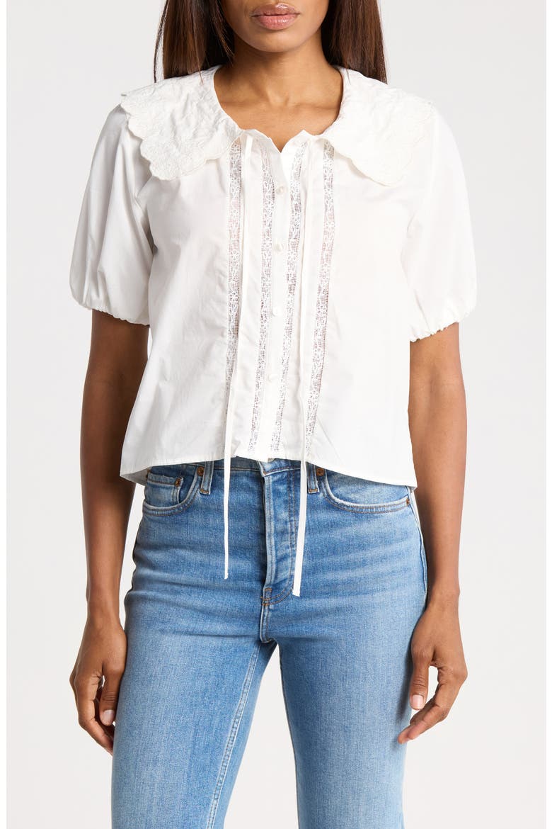 Embroidered Scallop Collar Top, Main, color, WHITE