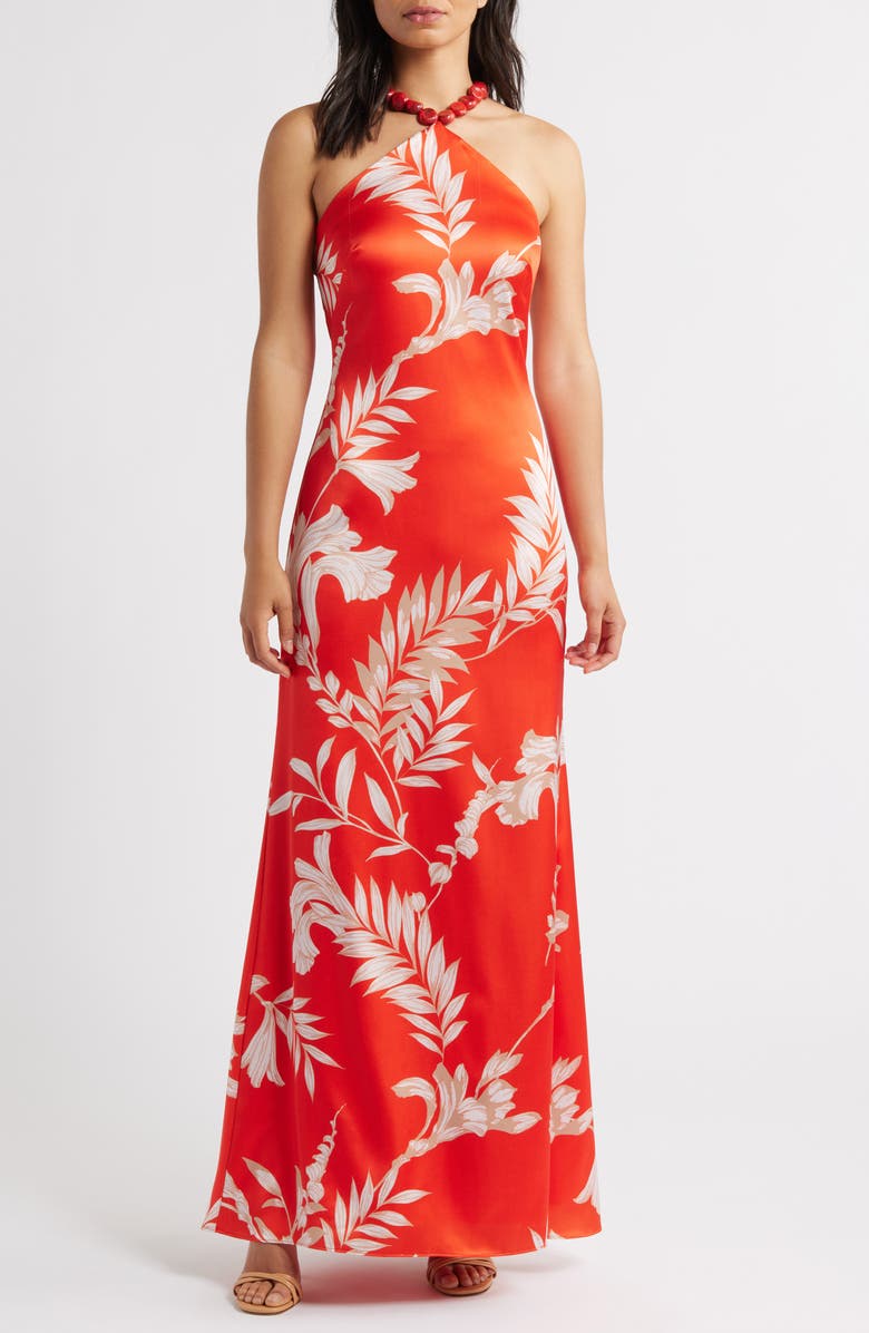 Vince Camuto Beaded Halter Neck Satin Gown, Main, color, Red