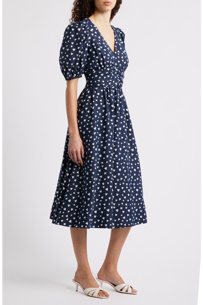 Puff Sleeve Heart Midi Dress, Alternate, color, NAVY- WHITE FLOATING HEARTS