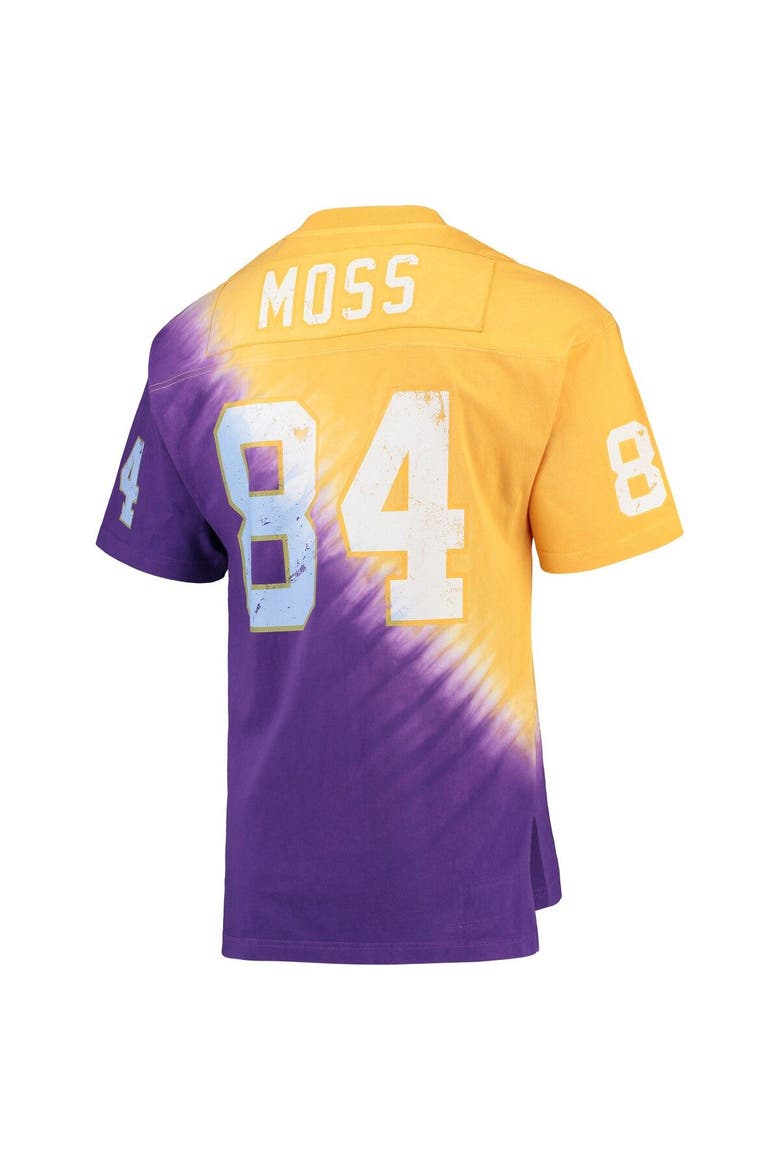 Men's Mitchell & Ness Randy Moss Gold/Purple Minnesota Vikings Retired Player Name & Number Diagonal Tie-Dye V-Neck T-Shirt, Alternate, color, Gold