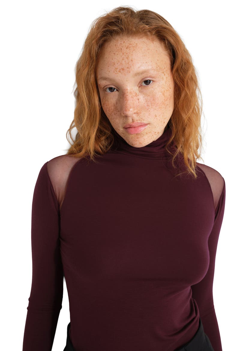 Maria Sheer Shoulder Turtleneck Top, Alternate, color, BURGUNDY