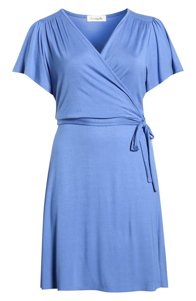 Loveappella Flutter Sleeve Faux Wrap Jersey Dress, Alternate, color, Denim