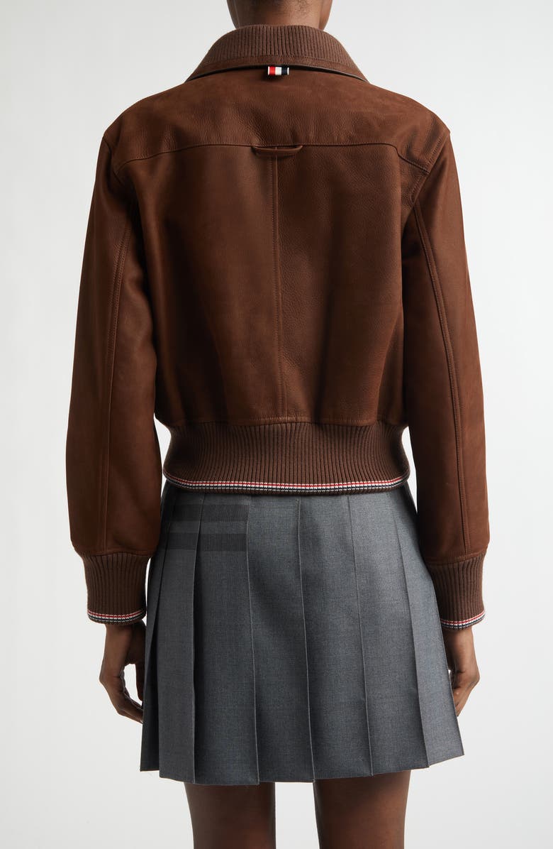 Thom Browne Crop Leather Flight Jacket, Alternate, color, Tiramisu