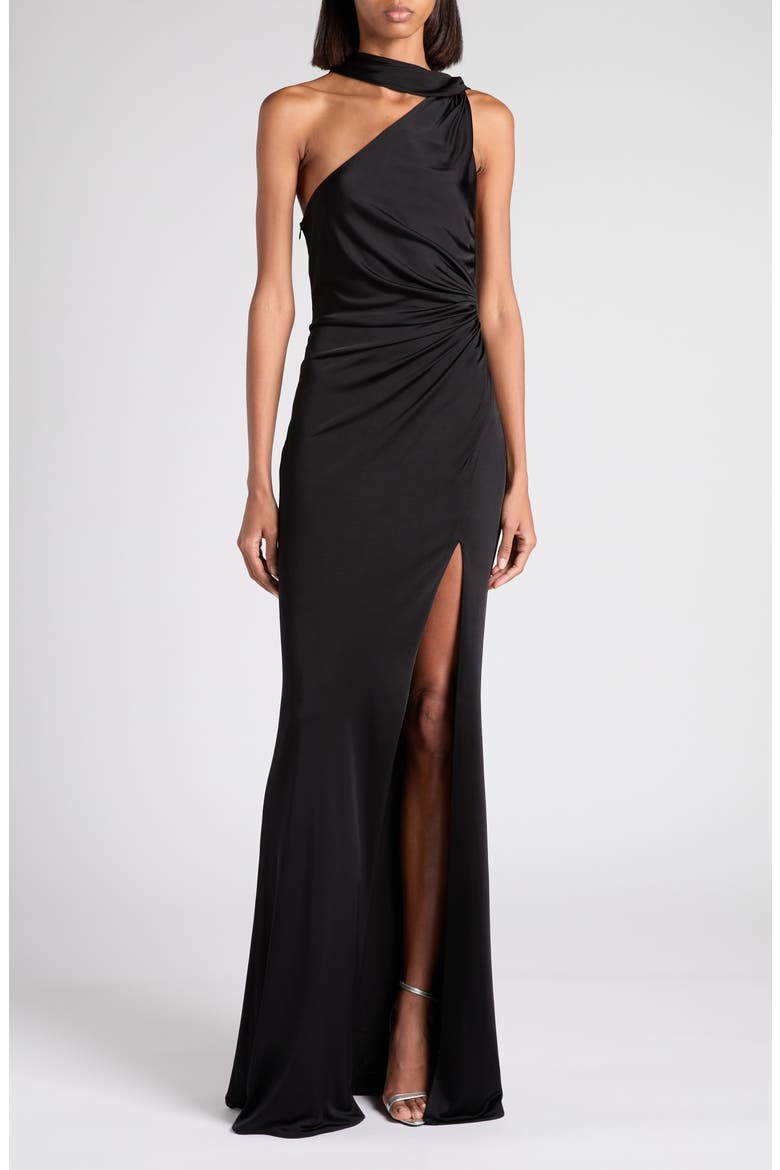One-Shoulder Fluid Jersey Gown, Main, color, LB999 BLACK