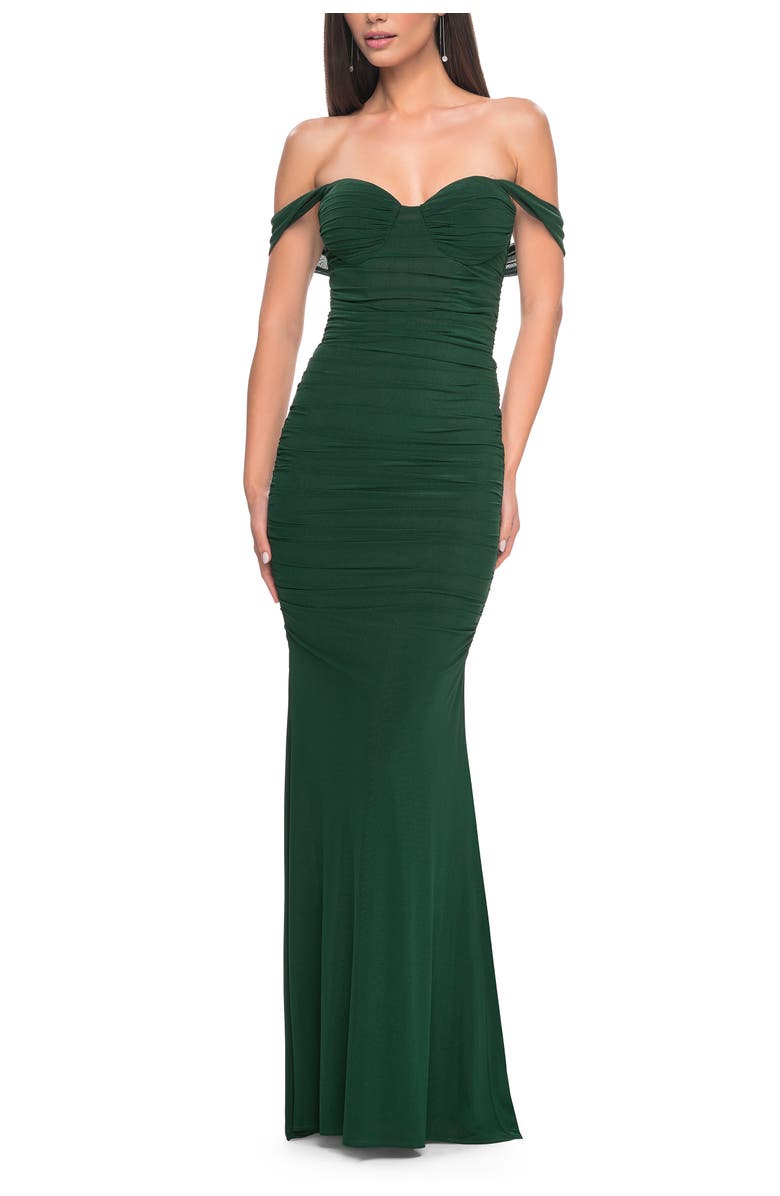 La Femme Off the Shoulder Net Jersey Dress with Ruching, Main, color, Dark Emerald
