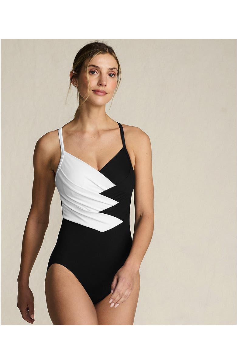 Lands' End D-Cup Slender Suit Pleated Low Leg One Piece Swimsuit, Alternate, color, Black/White