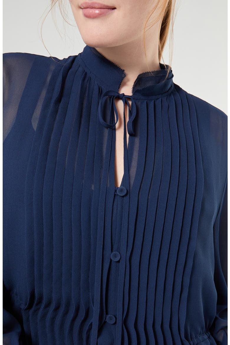 Long Sleeve Pintuck Pleat Silk Georgette Dress, Alternate, color, MIDNIGHT BLUE