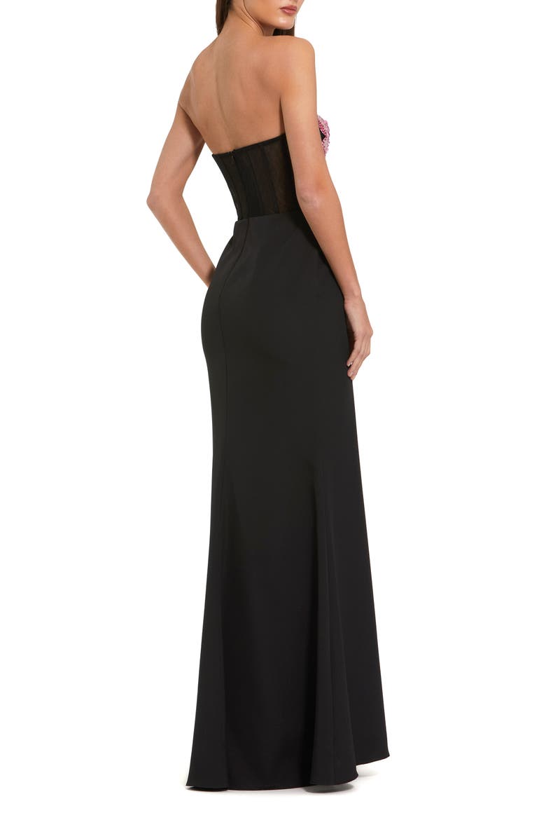 Strapless Sheer Bustier Crystal Flower Gown, Alternate, color, Black