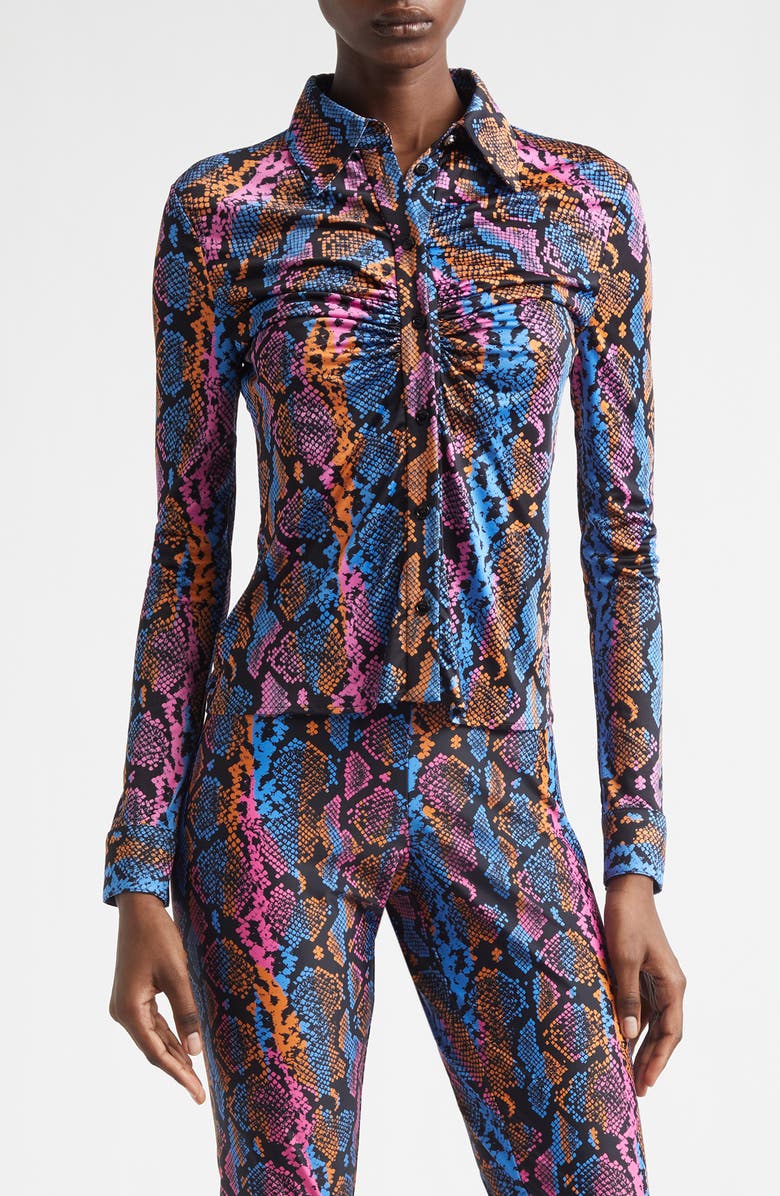 Versace Python Print Liquid Jersey Button-Up Shirt, Main, color, Sky Pink Sapphire Spice