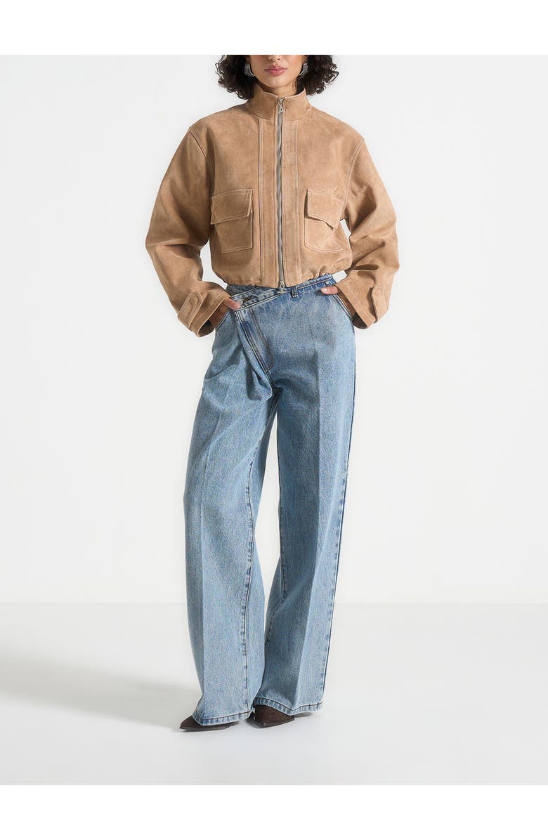 Manière De Voir Nawel Suede Contrast Stitch Jacket With Cinched Hem, Alternate, color, Beige