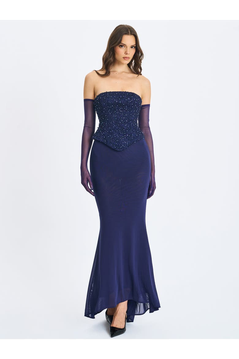 Orabelle Beaded Peplum Mermaid Gown with Lace-up Back, Alternate, color, Navy Blue