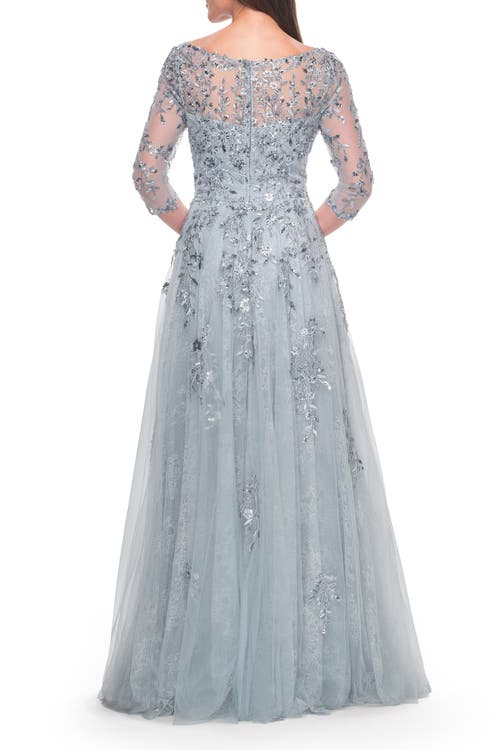La Femme A-line Lace And Beaded Mother Of The Bride Gown In Dusty Blue