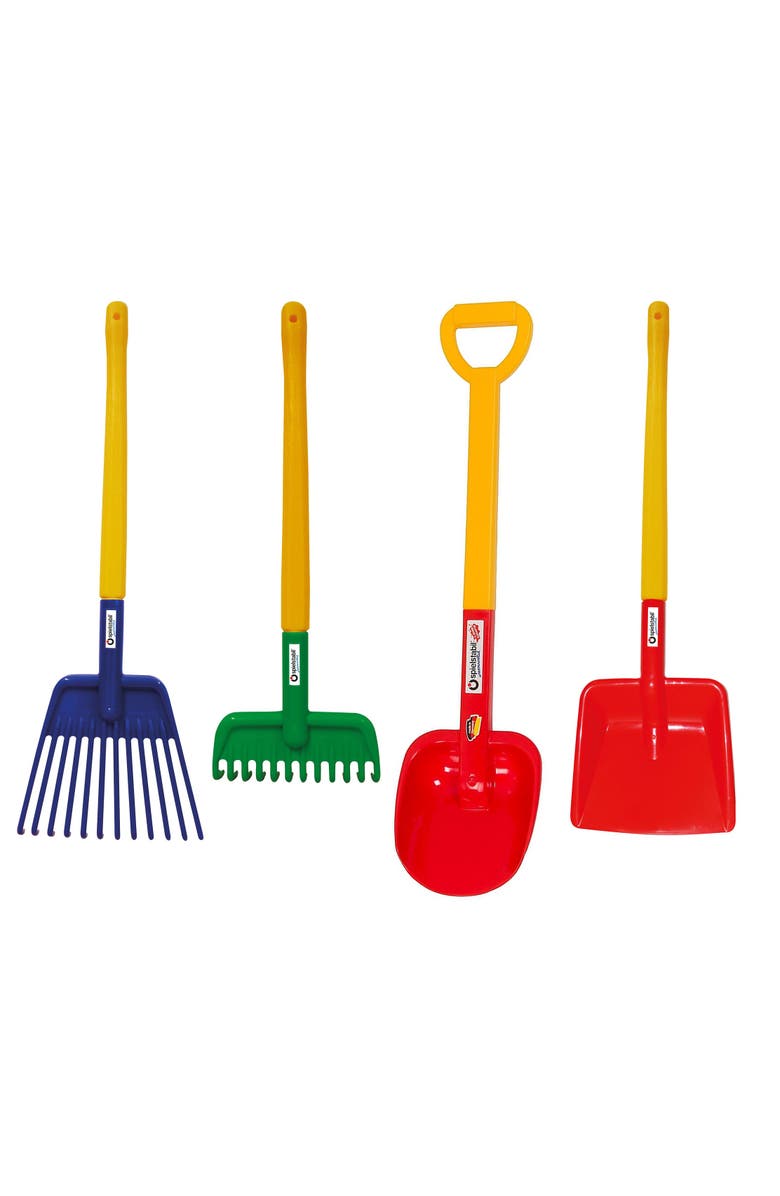 SPIELSTABIL Four Seasons Pack of Sand Toys - Children's & Toddler Outdoor Toys, Long Handled Beach Shovel, Leaf Rake, Flat Snow Shovel & Garden Rake, Main, color, Multi