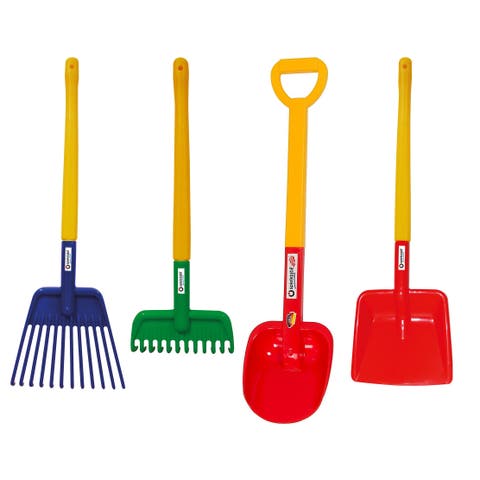 Four Seasons Pack of Sand Toys - Children's & Toddler Outdoor Toys, Long Handled Beach Shovel, Leaf Rake, Flat Snow Shovel & Garden Rake