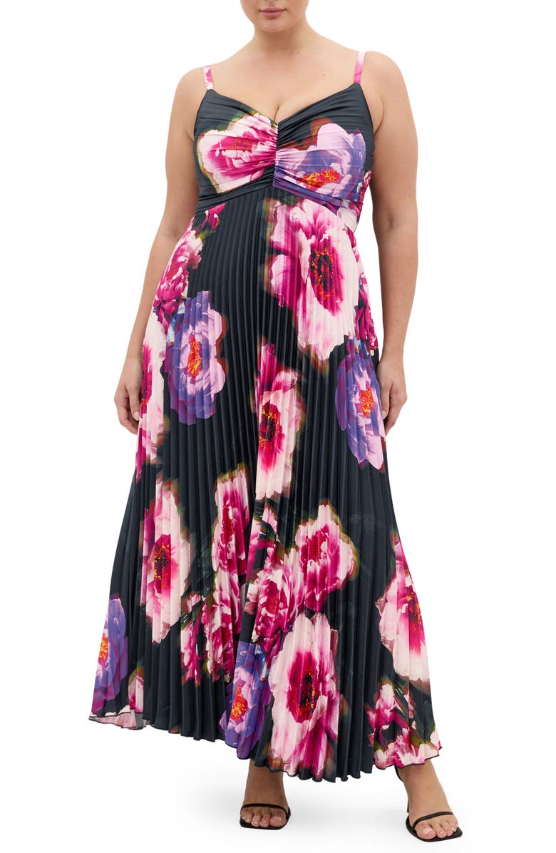 City Chic Ariana Floral Print Pleat Maxi Dress, Main, color, Pink Garden Gala