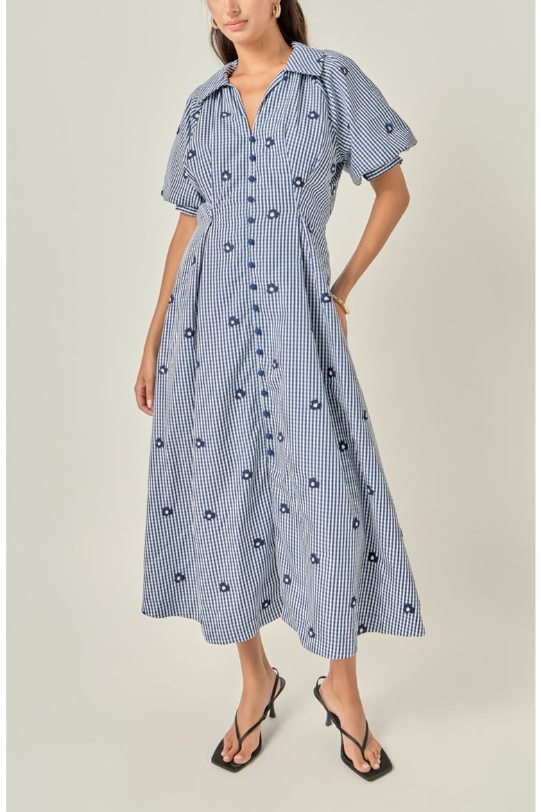 Embroidered Gingham Shirt Midi Dress, Alternate, color, NAVY