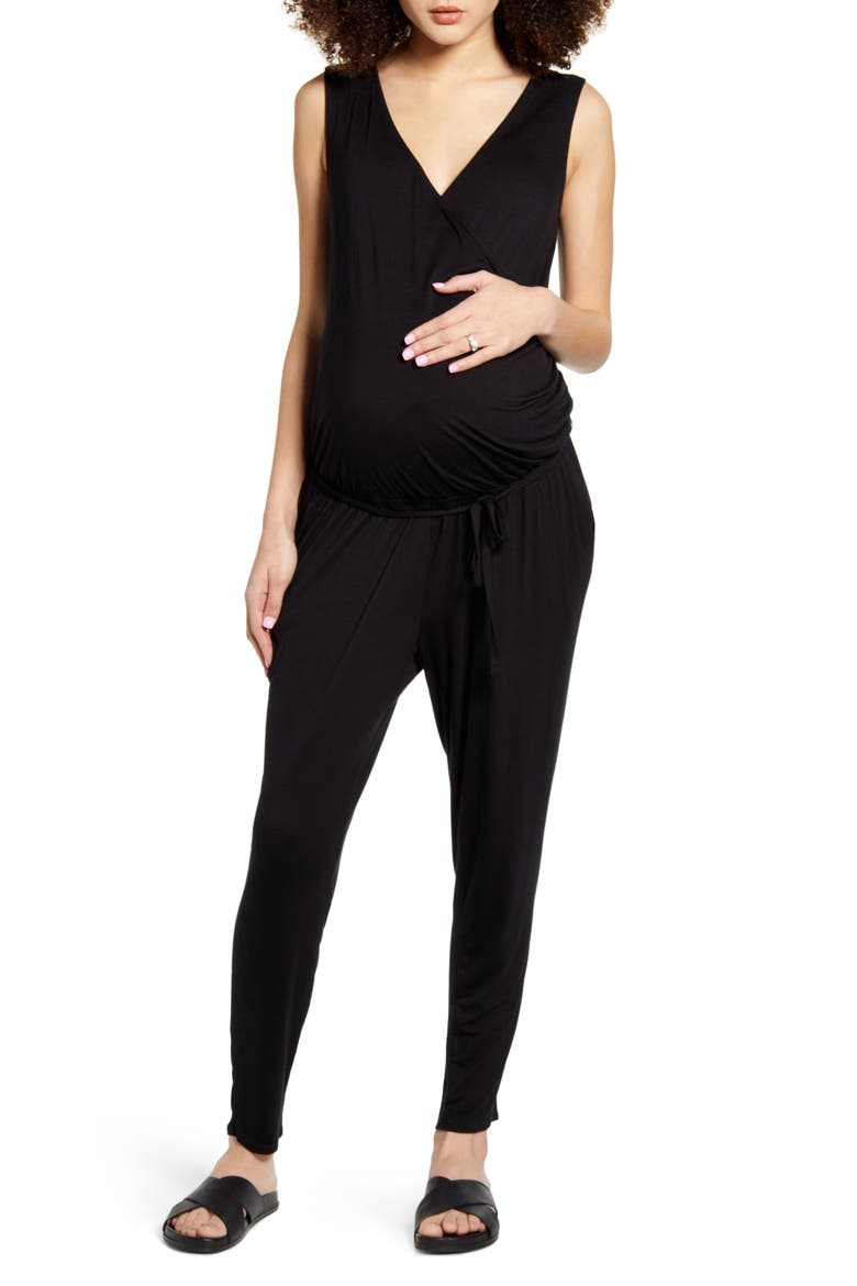 Belted Jersey Maternity Jumpsuit, Main, color, BLACK