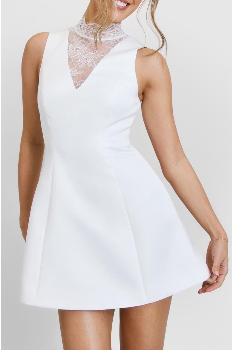 Lace High Neck A-line Mini Dress, Alternate, color, White