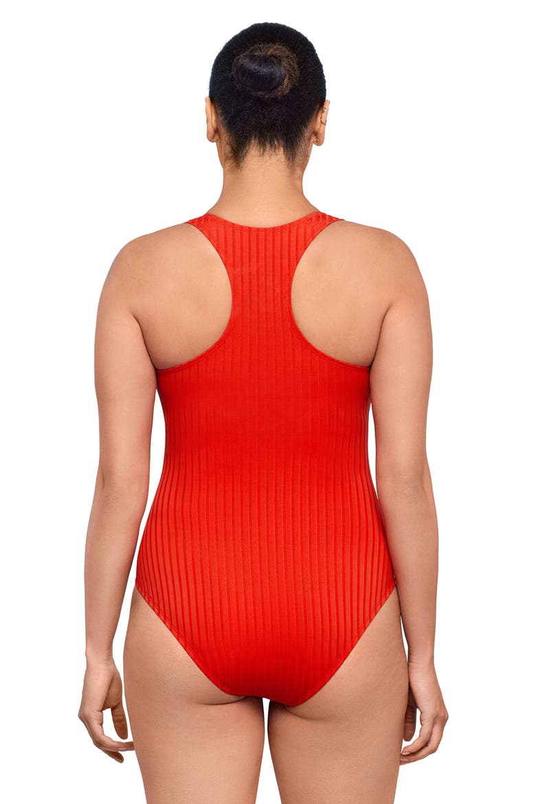 Smoothing and Sculpting Ribbed High-Neck Snap-Front One-Piece Swimsuit, Alternate, color, Scarlet