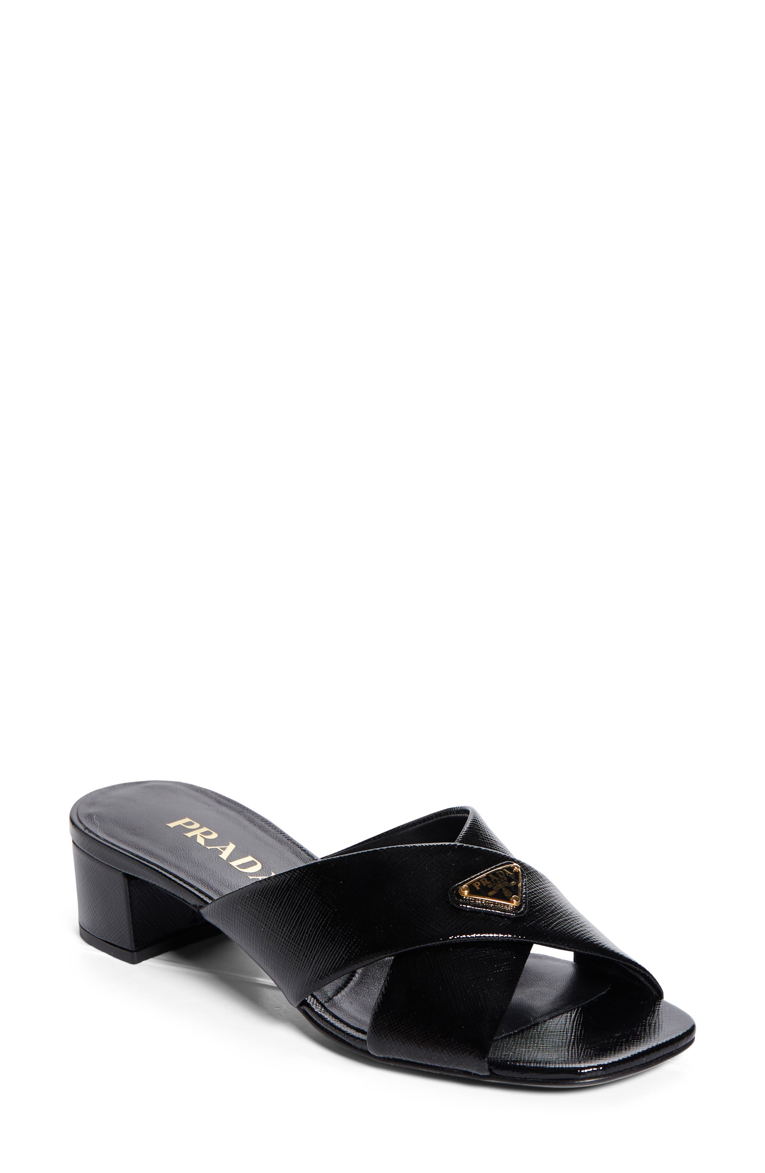 Prada Block Heel Square Toe Sandal, Main, color, Nero